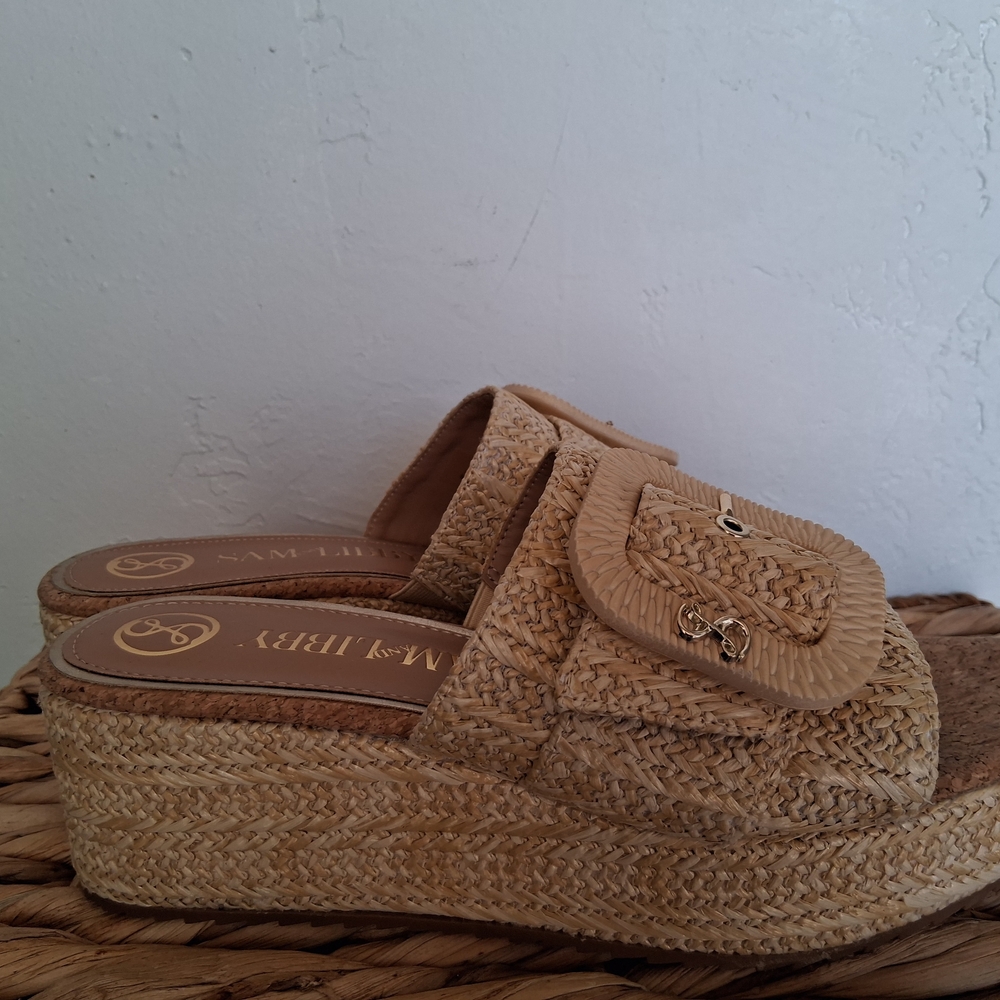SAM AND LIBBY  Sz 9 Wedge Natural Raffia Slide Sandals - Beige - Picture 4 of 7